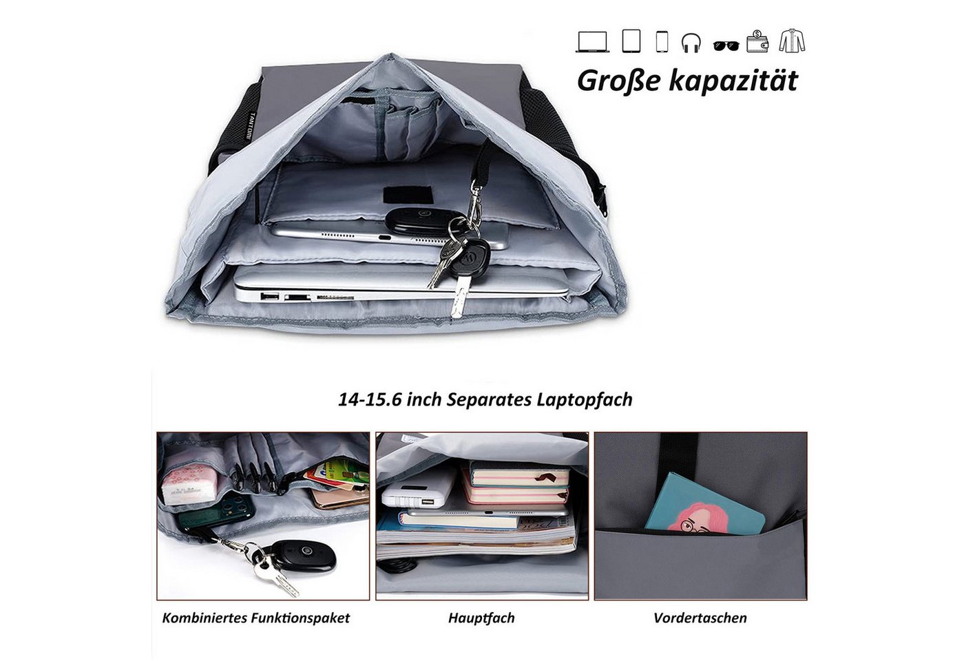 TANTOMI Freizeitrucksack Arbeitsrucksack Groß Damen lässiger Rolltop Rucksack Herren Backpack, mit Laptopfach bis 15,6 zoll und externen USB-Anschluss Bild 3