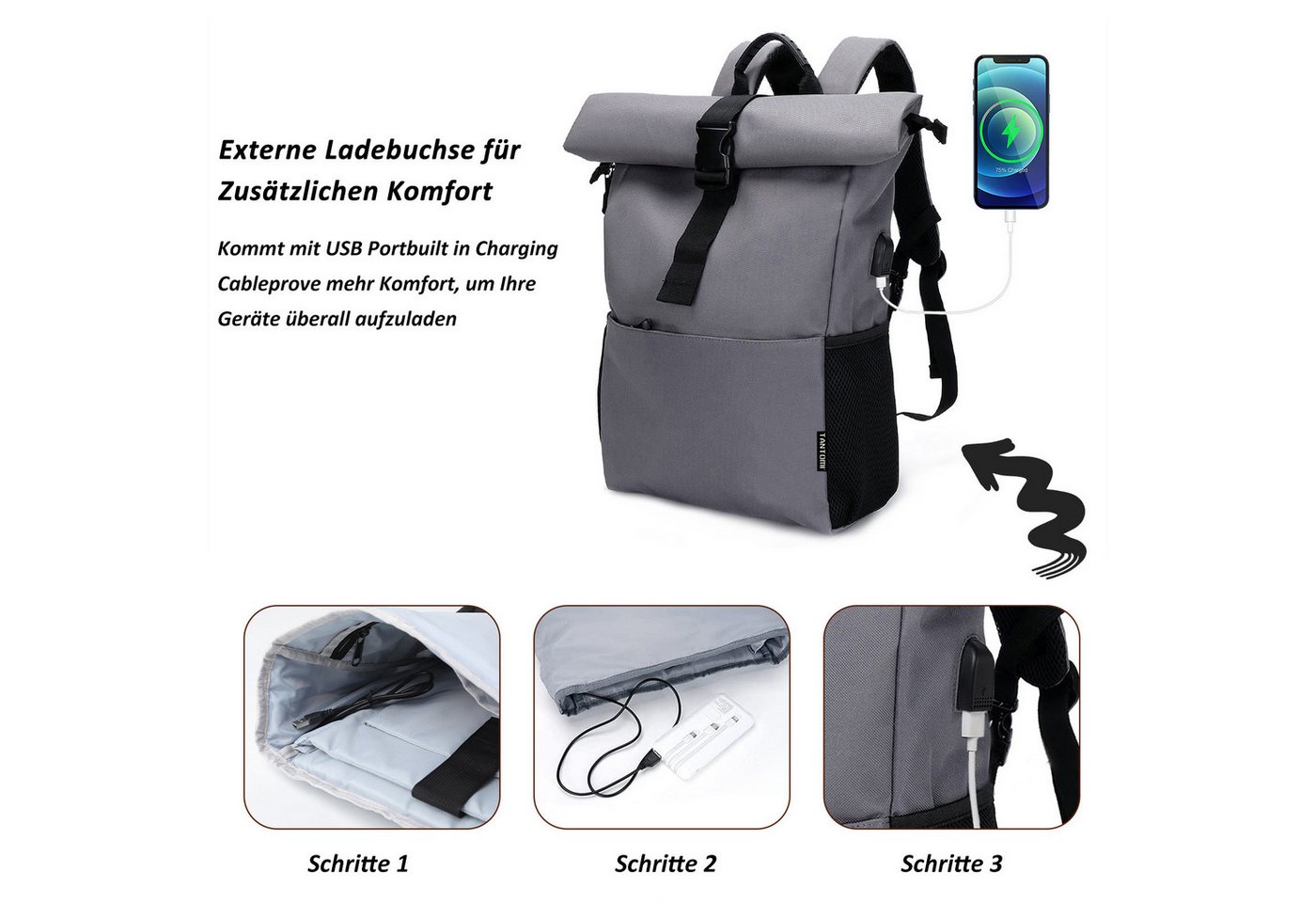 TANTOMI Freizeitrucksack Arbeitsrucksack Groß Damen lässiger Rolltop Rucksack Herren Backpack, mit Laptopfach bis 15,6 zoll und externen USB-Anschluss Bild 4