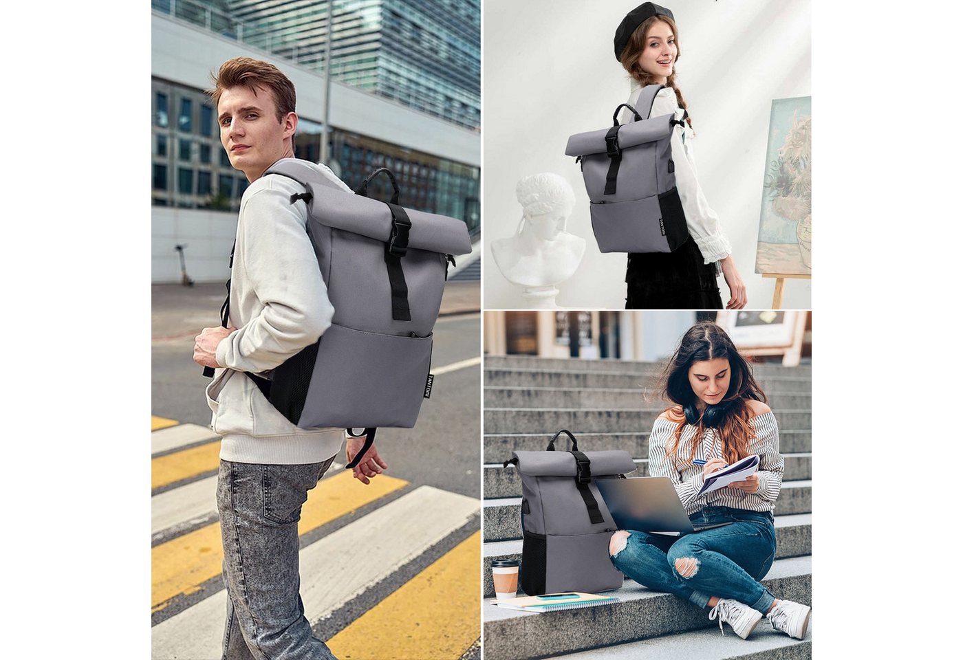 TANTOMI Freizeitrucksack Arbeitsrucksack Groß Damen lässiger Rolltop Rucksack Herren Backpack, mit Laptopfach bis 15,6 zoll und externen USB-Anschluss Bild 5