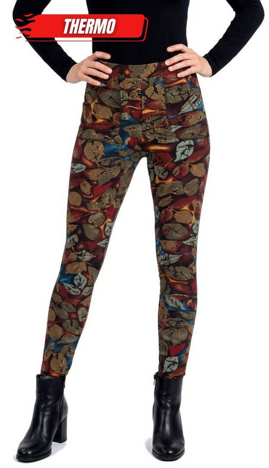 dy_mode Thermohose Damen Thermohose Herbstlaub-Muster Gefütterte Winterleggings Middel Waist, mit Innenfutter, mit elastischem Bund Bild 3