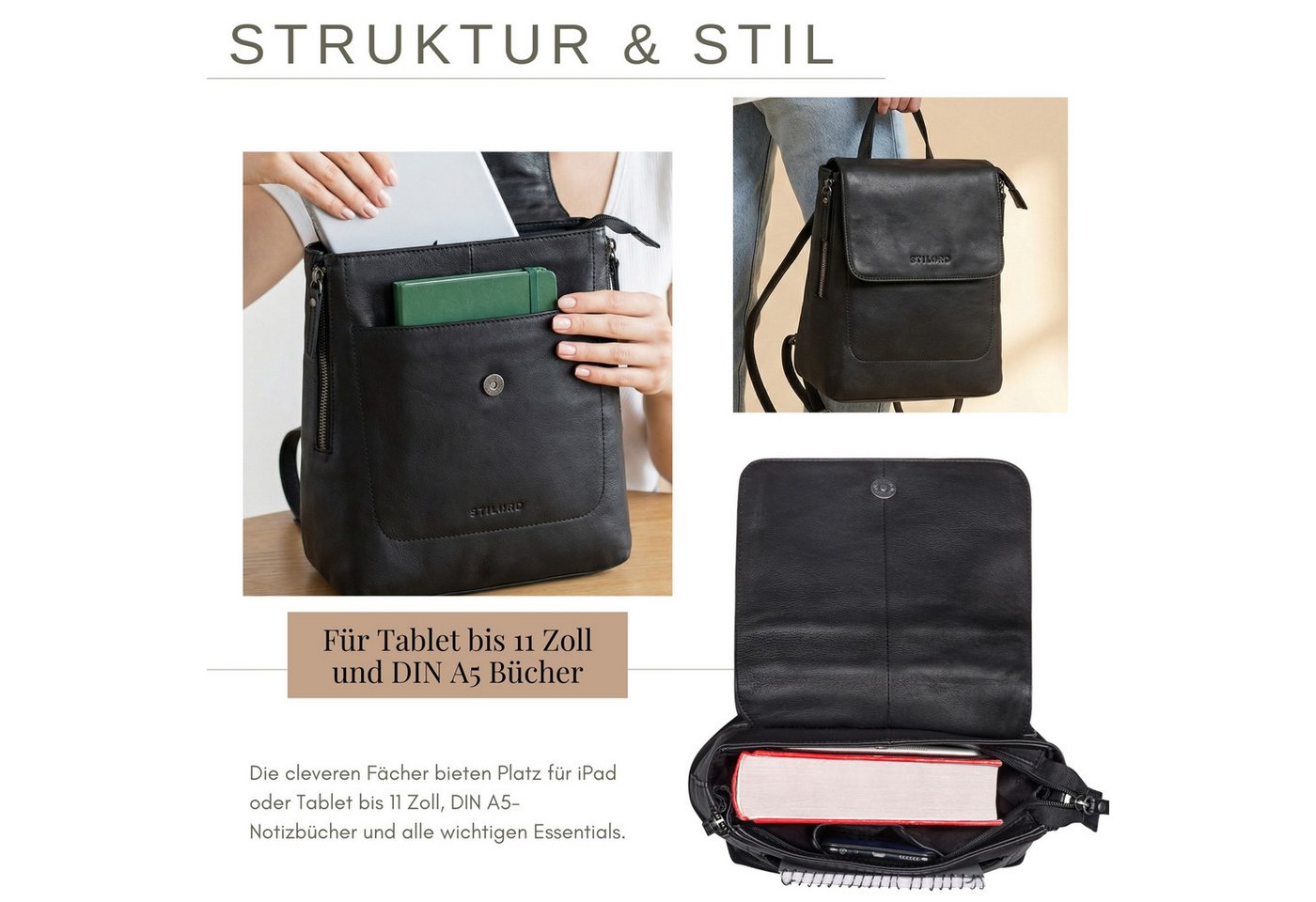 STILORD Cityrucksack "Anisa" Kleiner Rucksack Damen Leder mit vielen Fächern
