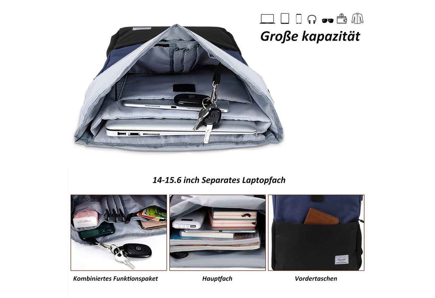 TANTOMI Cityrucksack Rucksack Damen Groß Rucksack Herren Groß Schulrucksack (Arbeitsrucksack viele Fächer mit 15,6" Laptopfach/USB-Anschluss), Unisex Rolltop Rucksack Wasserdicht, Lässiger Backpack
