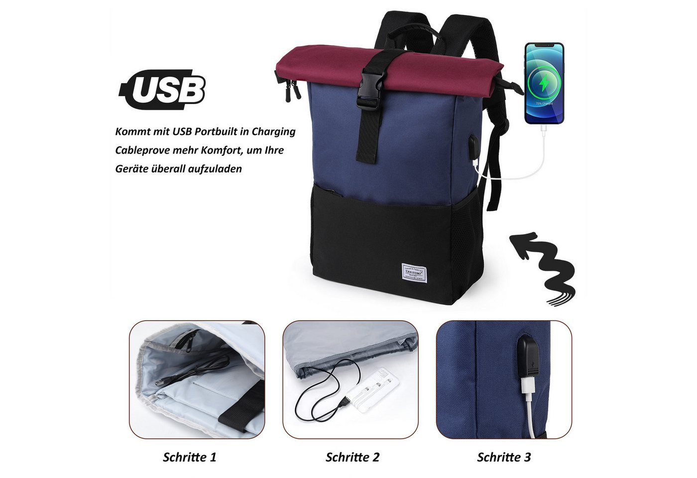 TANTOMI Cityrucksack Rucksack Damen Groß Rucksack Herren Groß Schulrucksack (Arbeitsrucksack viele Fächer mit 15,6" Laptopfach/USB-Anschluss), Unisex Rolltop Rucksack Wasserdicht, Lässiger Backpack Bild 3