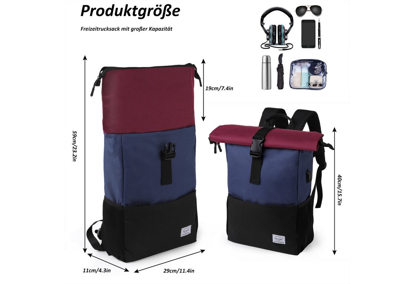 TANTOMI Cityrucksack Rucksack Damen Groß Rucksack Herren Groß Schulrucksack (Arbeitsrucksack viele Fächer mit 15,6" Laptopfach/USB-Anschluss), Unisex Rolltop Rucksack Wasserdicht, Lässiger Backpack Bild 4