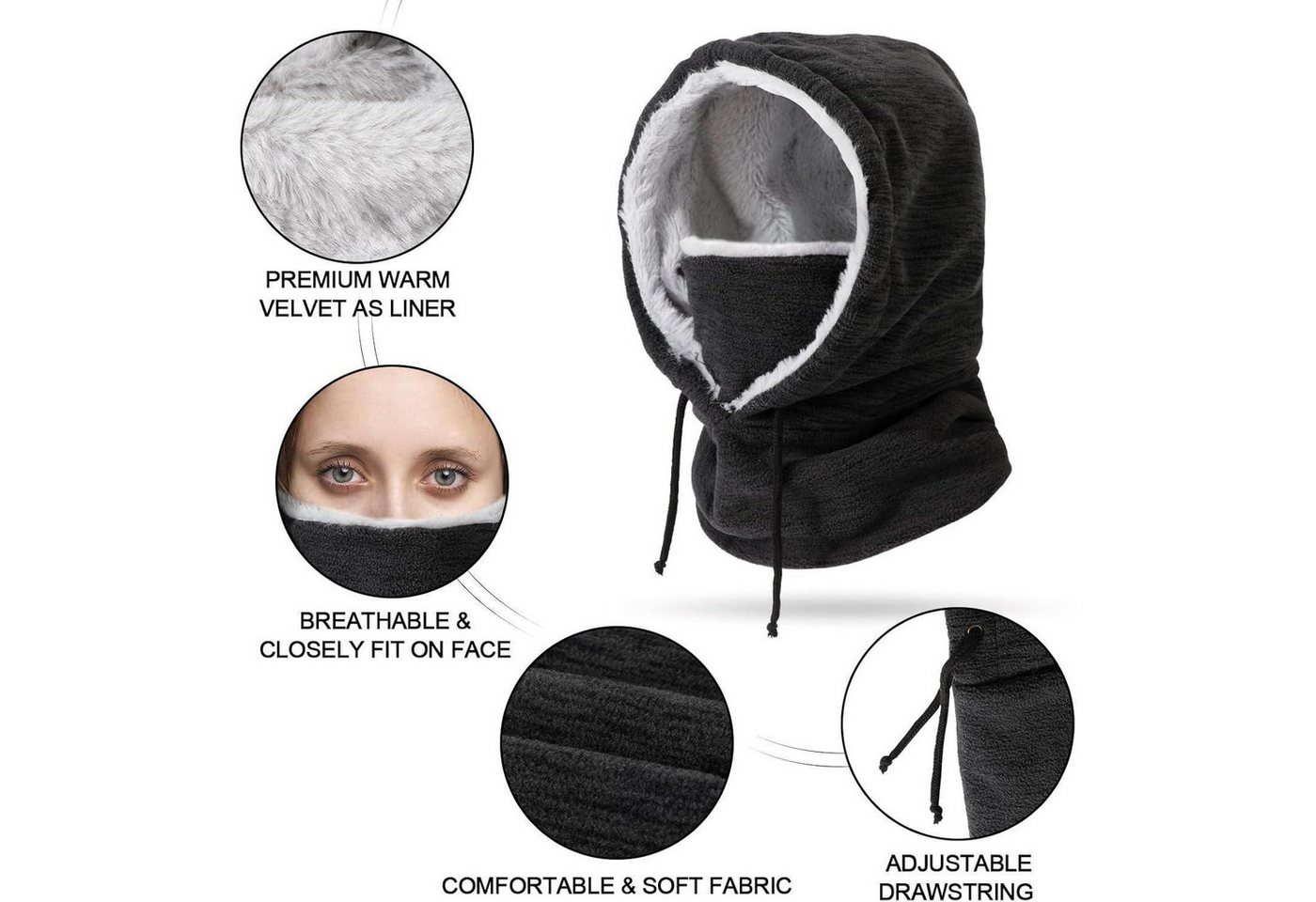 LuxusKollektion Sturmhaube Sturmhaube Balaclava Fleece Winddicht Einheitsgröße A-Schwarz-01 Bild 3