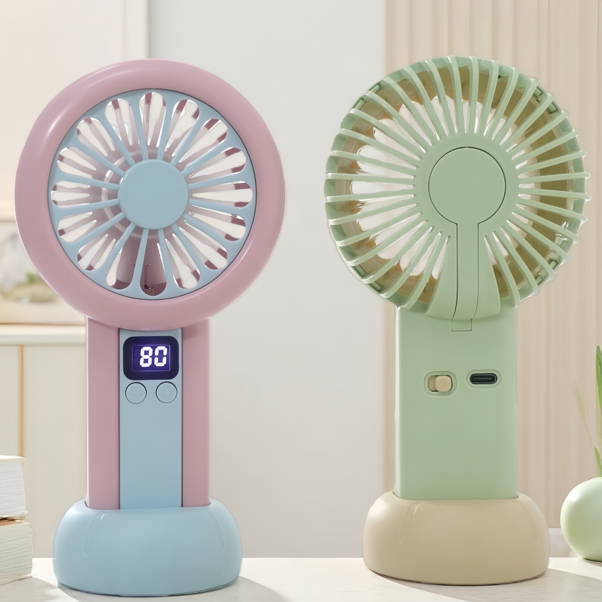 Mini Tragbarer Ventilator Mit Digitalanzeige - Rosa & Blau, 99 Geschwindigkeitsstufen, Usb-aufladbar