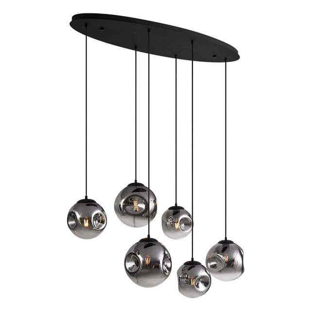 Art-deco-hängelampe Schwarz Mit Ovaler Deckenplatte Und Rauchglas 6-flammig - Douglass
