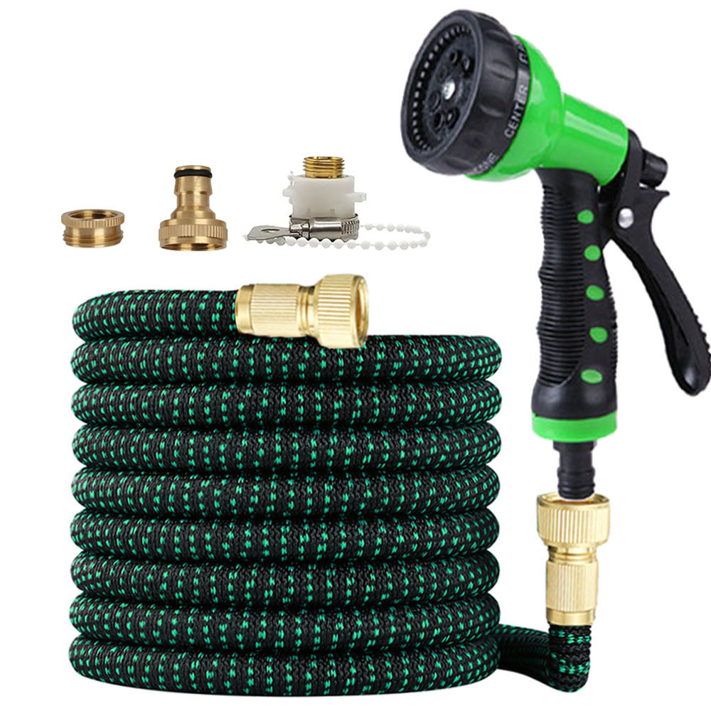 Dehnbarer Gartenschlauch 50ft (15m) - Grüne & Schwarze Spritzpistole, Schwarz-grüner Geflochtener Schlauch, Komplettset-lsw
