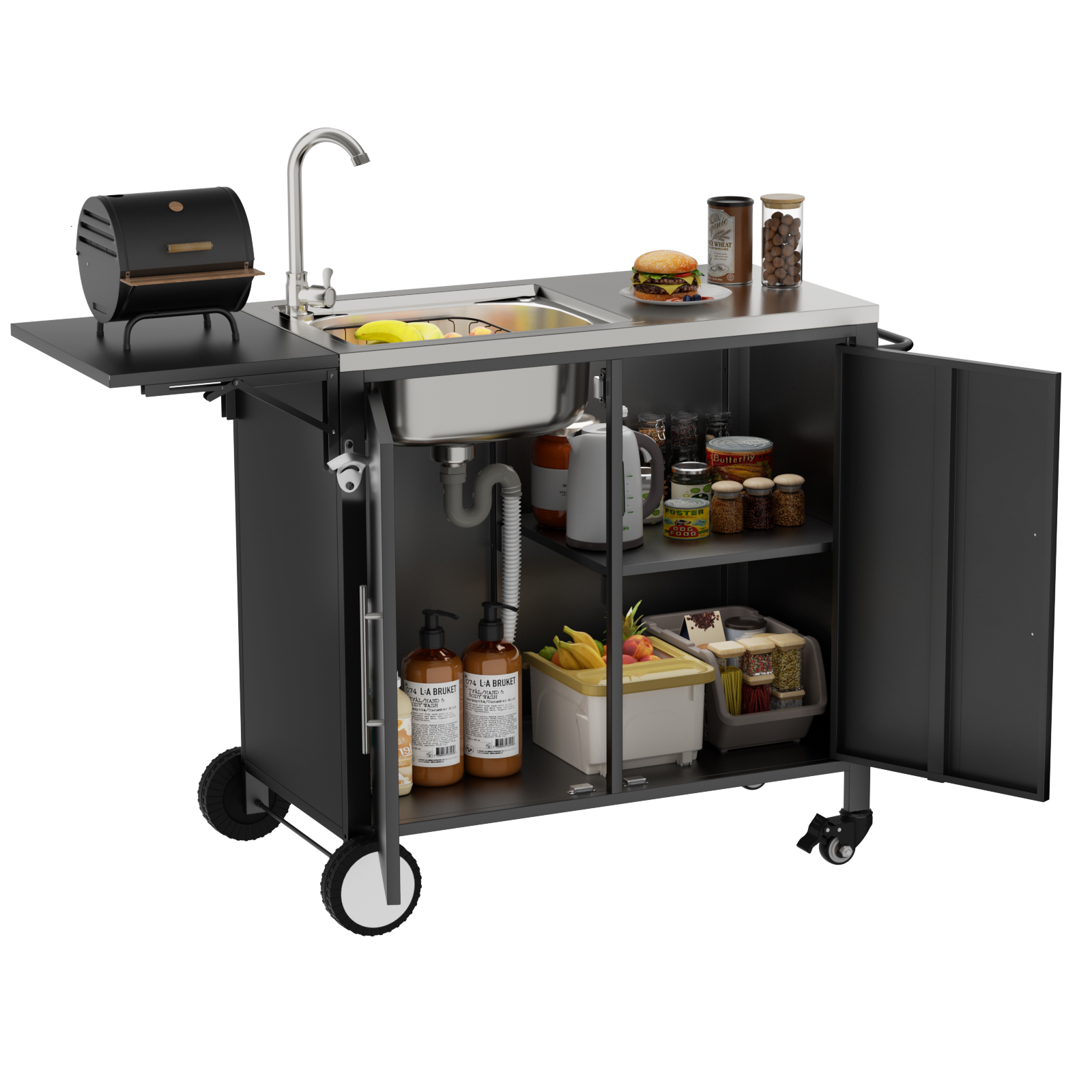 Grilltisch Mit Spüle, Kücheninsel Mit Klappbarer Arbeitsplatte Und Stauschrank Aus Metall, Rollbarer Grillwagen Mit Rädern Für Garten, Hinterhof Und Rasen