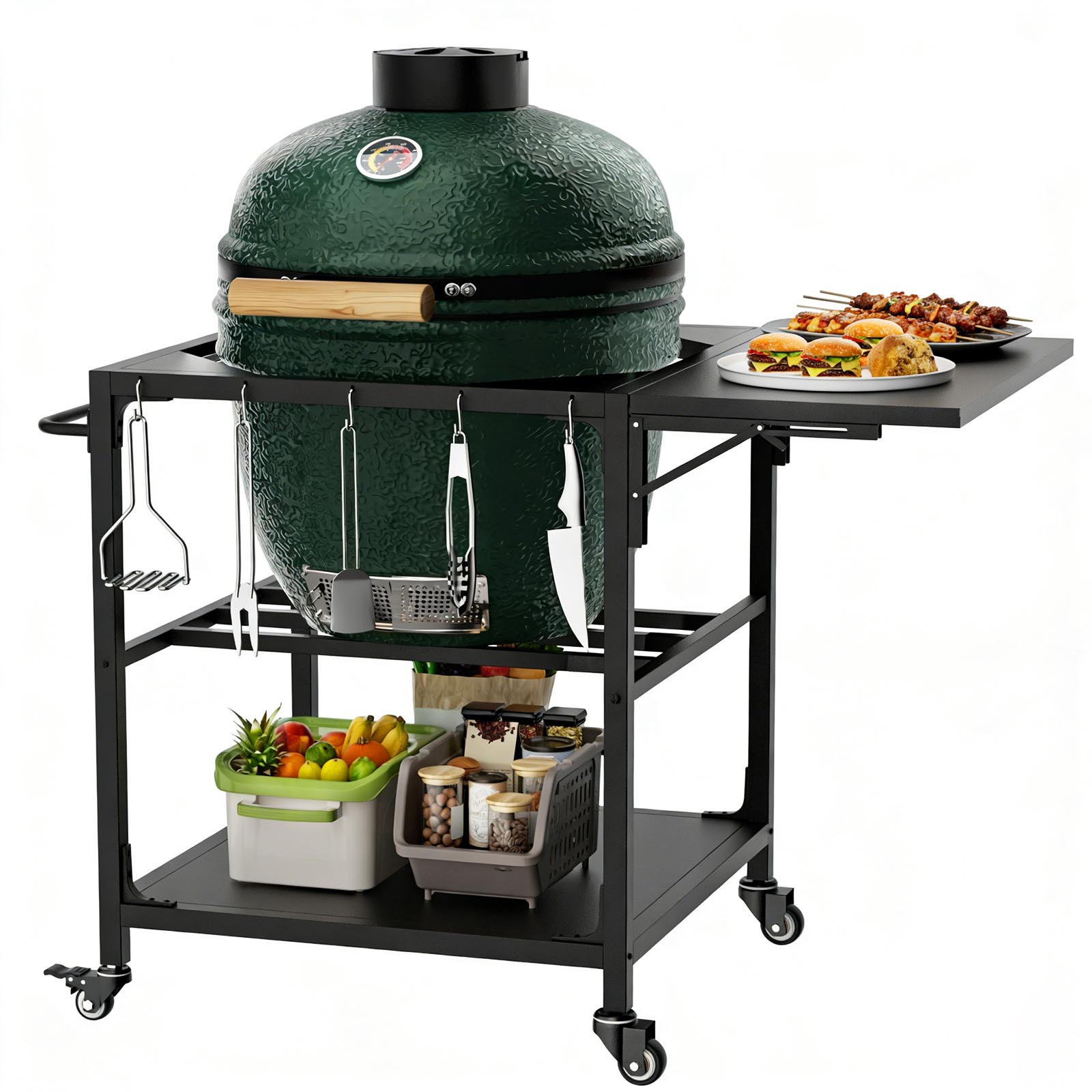 Grilltisch Für Den Außenbereich, Passend Für Big Green Egg Grills. Robuster Metallwagen Mit Rollen, Ablagefläche, Haken Und Abnehmbarer Abdeckung. Kompatibel Mit Dem Großen Big Green Egg Grill