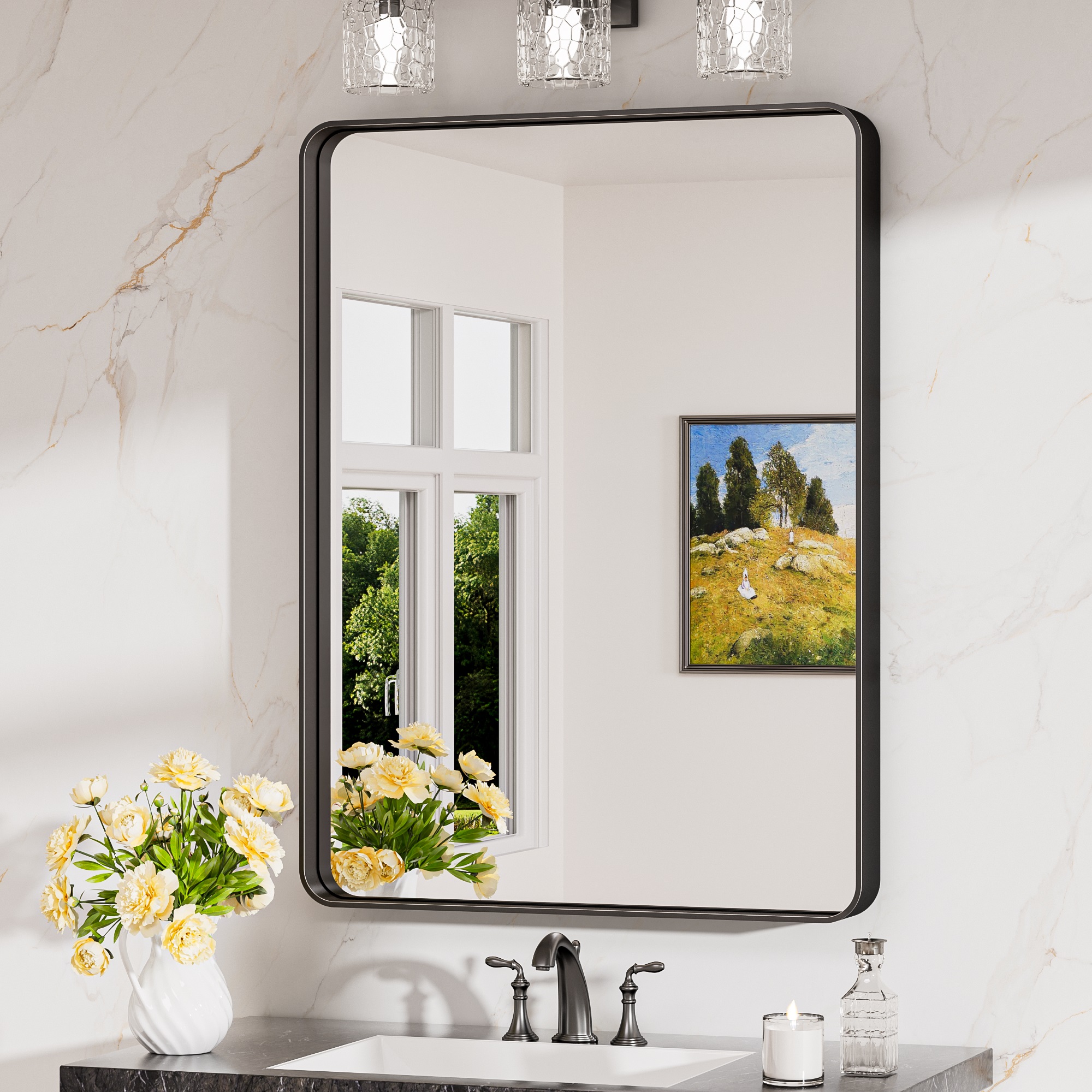 Keonjinn Wandspiegel Mit Robust Gehärtetem Glas, 60x80cm Badezimmerspiegel Mit Alurahmen, Rechteckiger Badspiegel Vertikal Und Horizontal Möglich, Matt Schwarz