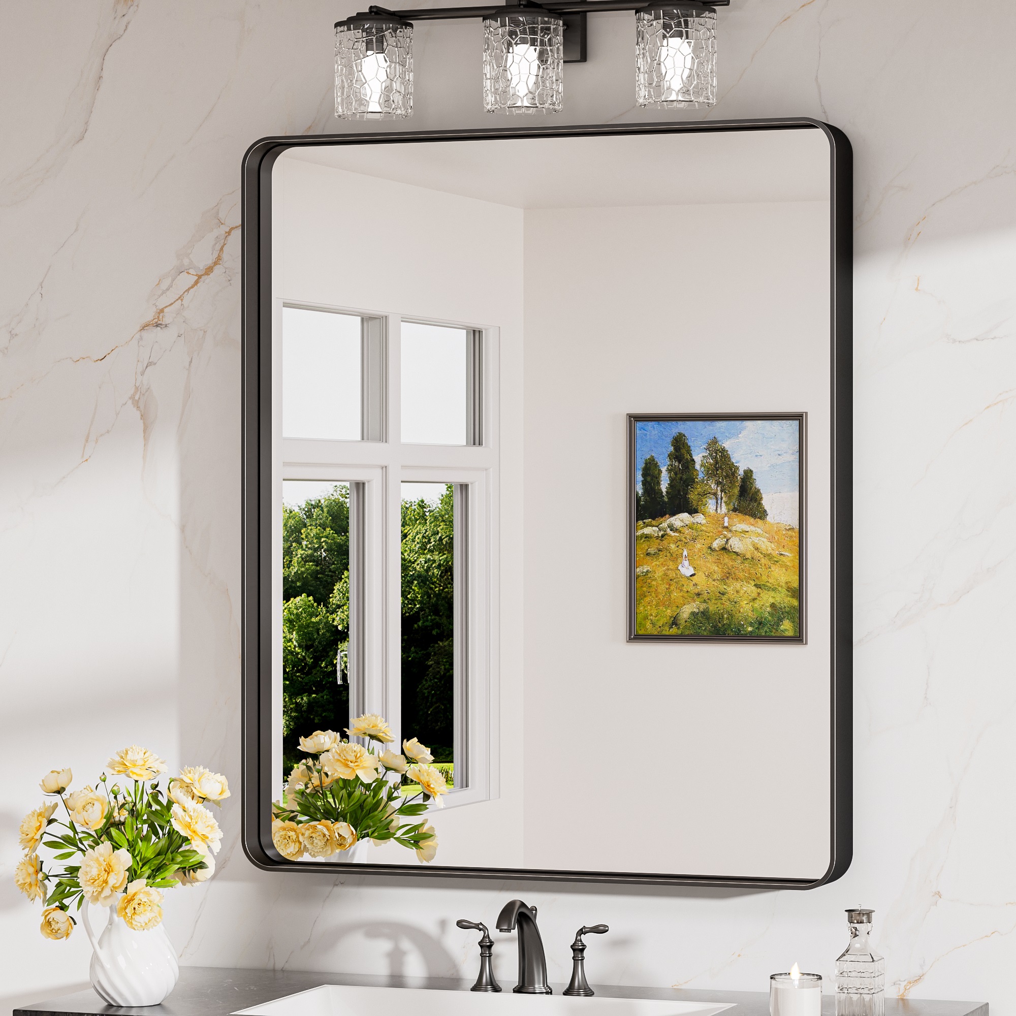 Keonjinn Wandspiegel Mit Robust Gehärtetem Glas, 75x90cm Badezimmerspiegel Mit Alurahmen, Rechteckiger Badspiegel Vertikal Und Horizontal Möglich, Matt Schwarz