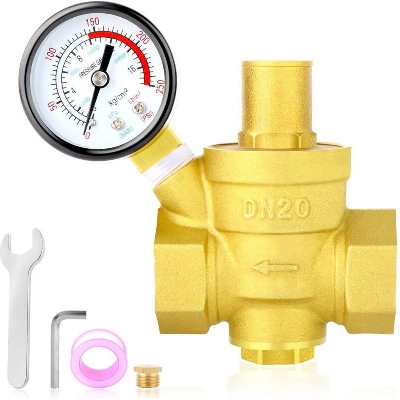 Vanne Régulatrice De Pression D'Eau En Laiton 3/4 Pouce, Vanne Réductrice De Pression Dn20, Avec Manomètre 0-250psi. Couleur Jaune, Pour Usage Domestique.