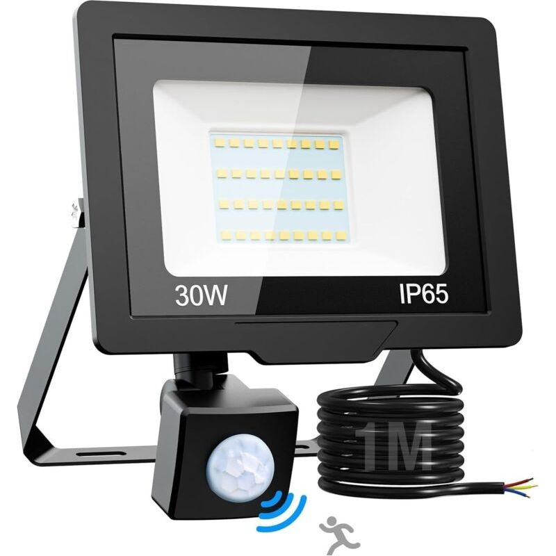30w Projecteur Led Exterieur Detecteur De Mouvement, 6500k/3000lm Étanche Spot Led Extérieur, Eclairage Exterieur Pour Patio Jardin Garage Cour Entrepôt Blanc Froid