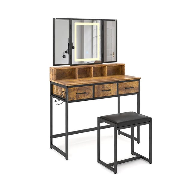 Vicco - Schminktisch Fyrk, Eiche Rustikal, 90 Cm Mit Hocker Und Led-spiegel