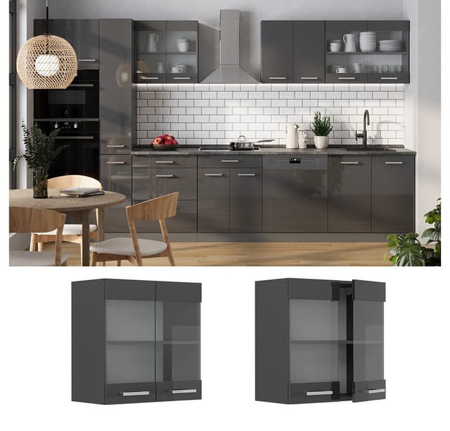 Vicco - Küchenglashängeschrank R-line, Anthrazit Hochglanz, 60 Cm