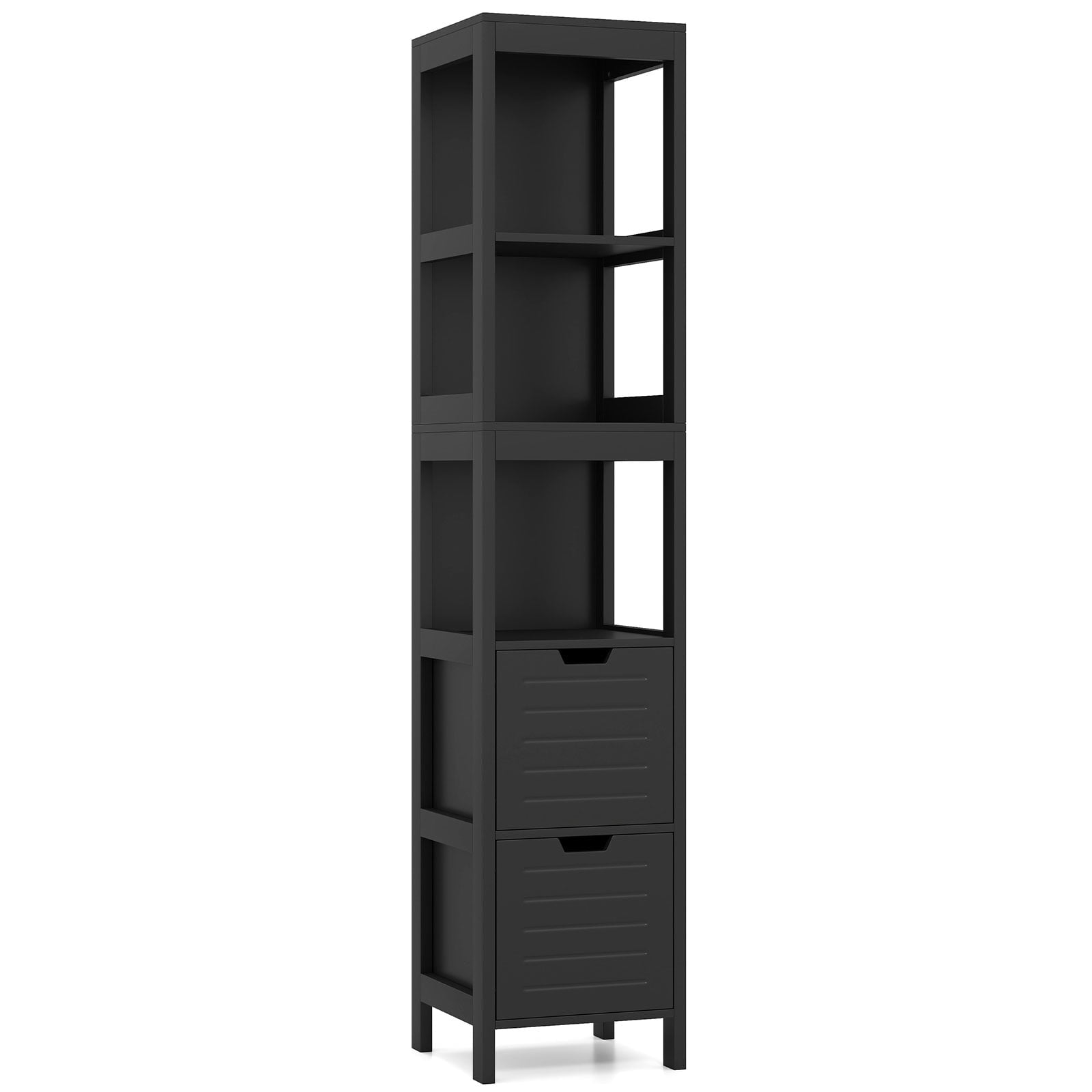 Hoher Badezimmerschrank, Schwarze Mdf-platte, 2 Schubladen, 3 Ablagen