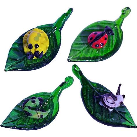 Set Mit 4 Farbenfrohen Miniatur-glasfiguren, Die Blattförmige Insekten Darstellen, Zur Dekoration Von Haus Und Garten.