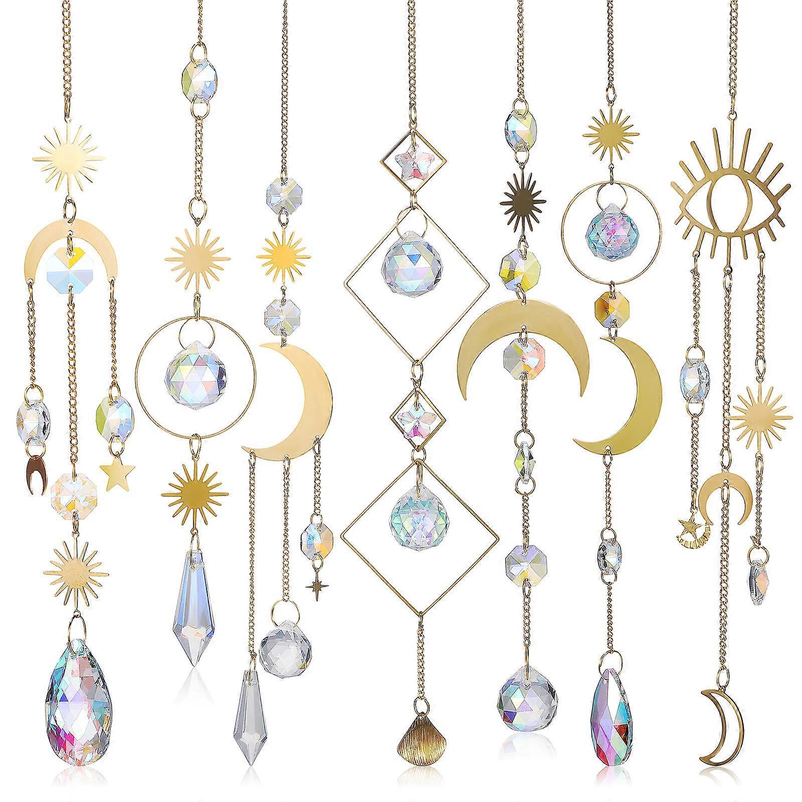 7-teiliges Windspiel Mit Sonnenfänger, Mond Und Sternen Aus Kristall Zur Wand-, Fenster- Und Gartendekoration