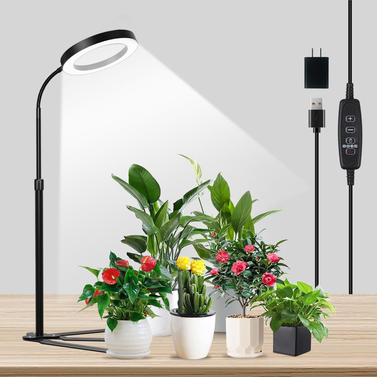 Pflanzenwachstumslampe Für Innenräume – Led-vollspektrum-beleuchtung (600–700 Nm), Verstellbarer Dreieckiger Sockel, Kompaktes Bürodesign Mit Dekorativem Lichtkranz