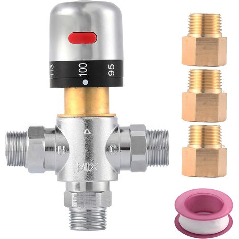 Valve De Mélange Thermostatique, Vanne De Mélange D'Eau De Douche, Avec 1/2 "g À 1/2" Adaptateurs De Connexion Npt, Vanne De Contrôle De La Température De L'Eau, Argent