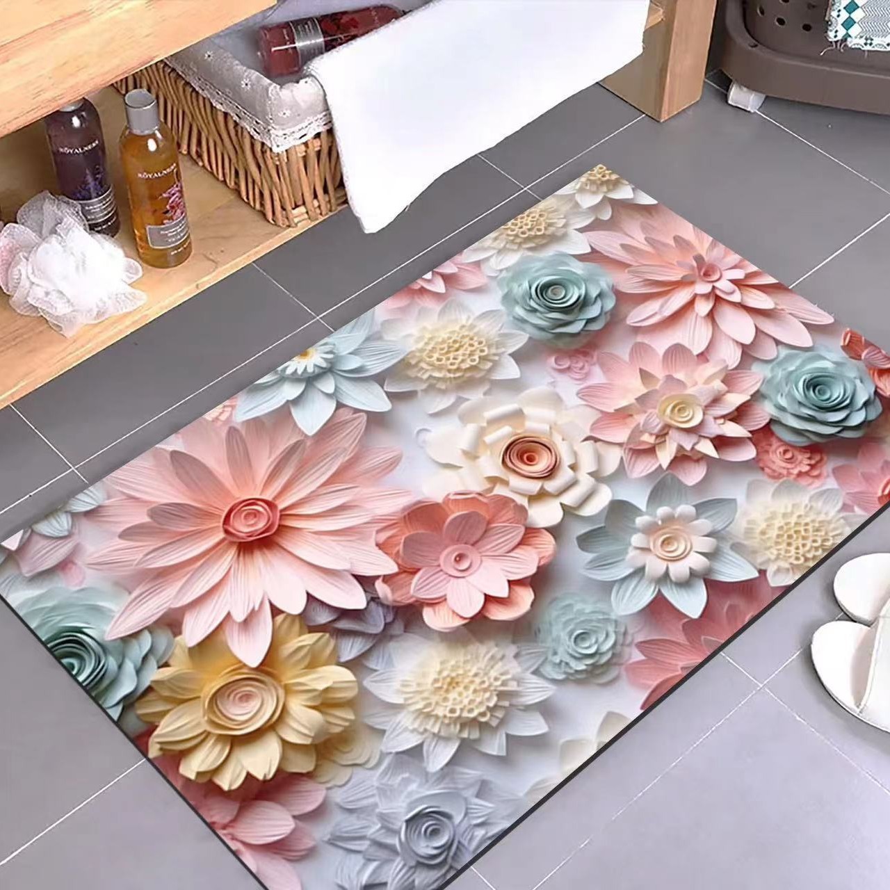 Diatomeen-badematte – Saugfähig, Rutschfest Und Schmutzresistent, Muster Große Rosa Chrysantheme (50 X 80 Cm) Für Badezimmer-eingang-lsw