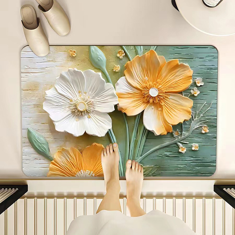 Diatomeen-badematte – Saugfähig, Rutschfest Und Verschleißfest, Weißes Chrysanthemen-muster (50 X 80 Cm) – Ideal Für Badezimmer, Dusche Und Toilettenvorraum-lsw
