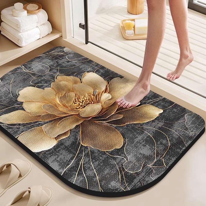 Luxuriöser Badteppich Aus Kieselgur – Unregelmäßige Organische Form, Schnelle Absorption, 3d-rutschfest, Schmutz- Und Verschleißfest – „goldene Blüte“ Muster, Abgerundete Ecken, 40 X 60 Cm-lsw