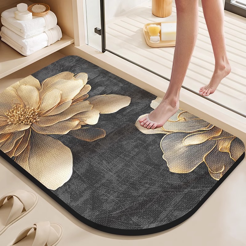 Diatomeenerde-badematte – Saugfähig, Rutschfest Und Schmutzabweisend, 24d Geprägtes Goldenes Blumenmuster, Unregelmäßige Form Mit Abgerundeten Ecken, Maße 40 X 60 Cm-lsw