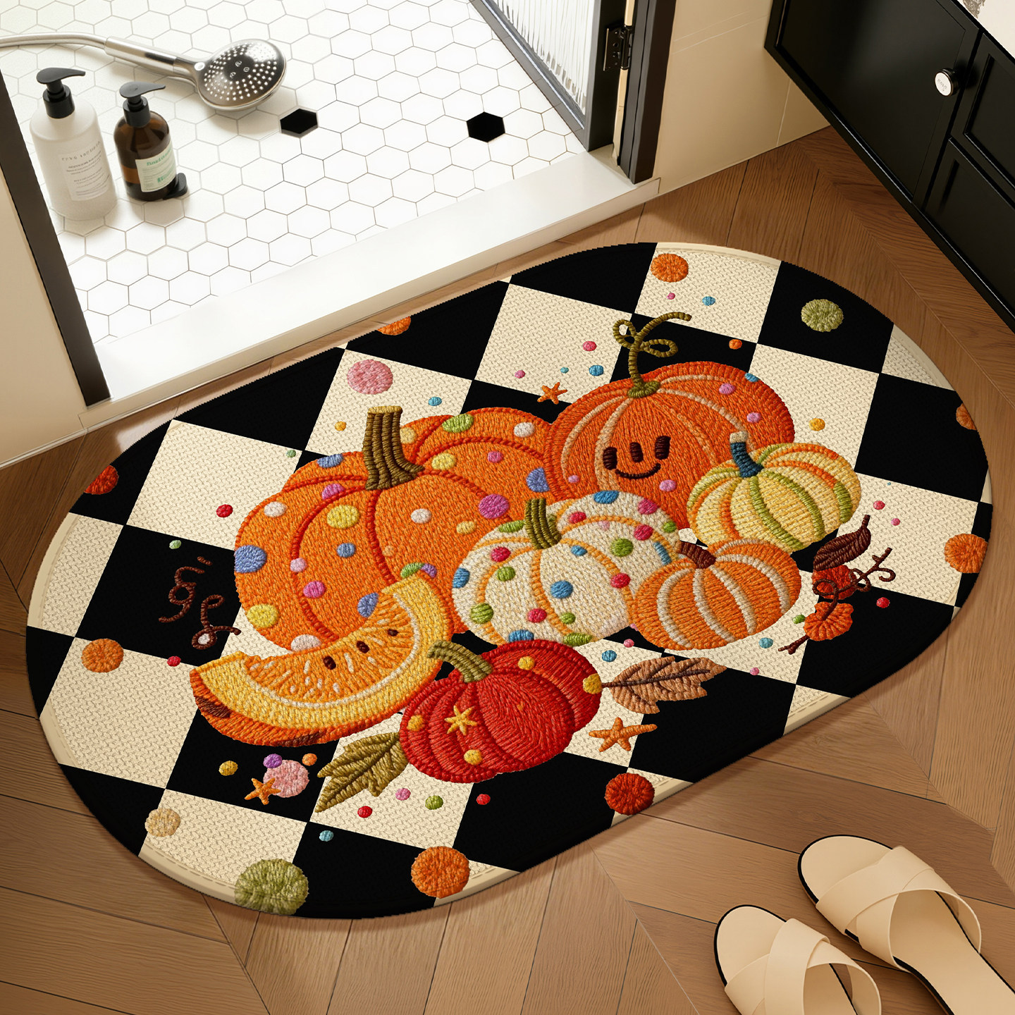Diatomeenerde-badematte – Retro-kürbismotiv, Rutschfest, Saugfähig Und Schmutzabweisend, Für Badezimmer Oder Eingangsbereich – Ovale Form, 40 X 60 Cm (modell Zuckerkürbis, Schwarz-weißes Schachbrettmu
