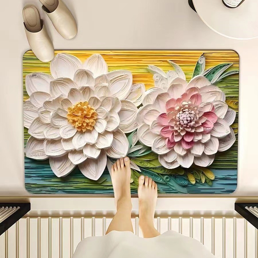 Diatomeenerde-badematte – Saugfähige, Rutschfeste Und Schmutzresistente Matte Für Den Badezimmereingang (50 X 80 Cm, Gelbes Ölgemälde-motiv)-lsw