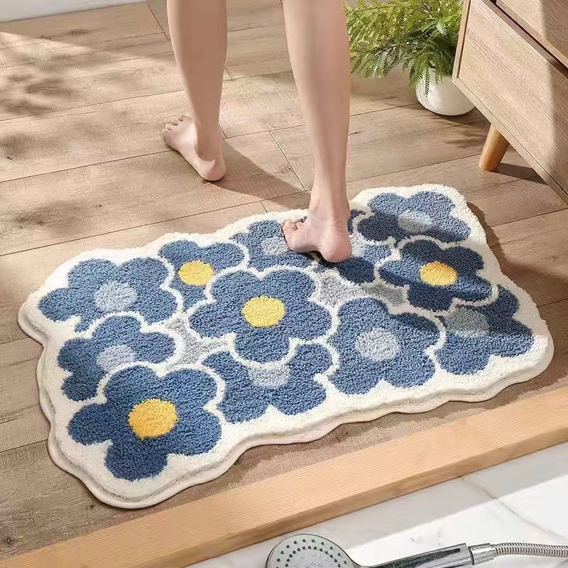 Rutschfester Und Saugfähiger Badteppich Für Das Badezimmer, Waschbarer Teppich Aus Kunstfell Mit Blauem Blumenmuster, 40 X 60 Cm – Ideal Für Fliesenböden, Feuchtigkeit Und Schmutz-lsw