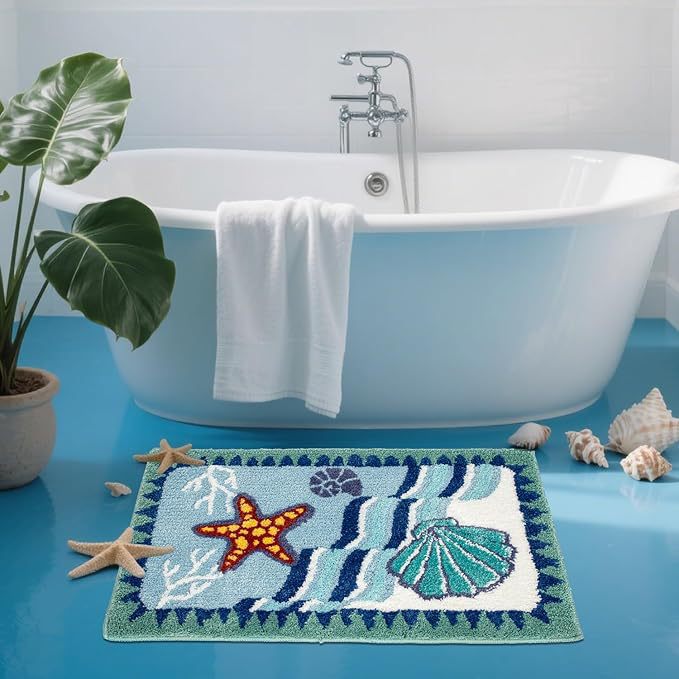 Rutschfester, Waschbarer Badteppich 40 X 60 Cm – Badezimmer-teppich Aus Weichem Kunstfell, Wasser- Und Schmutzabweisend – Sommer-strandmotiv Modell 7-lsw