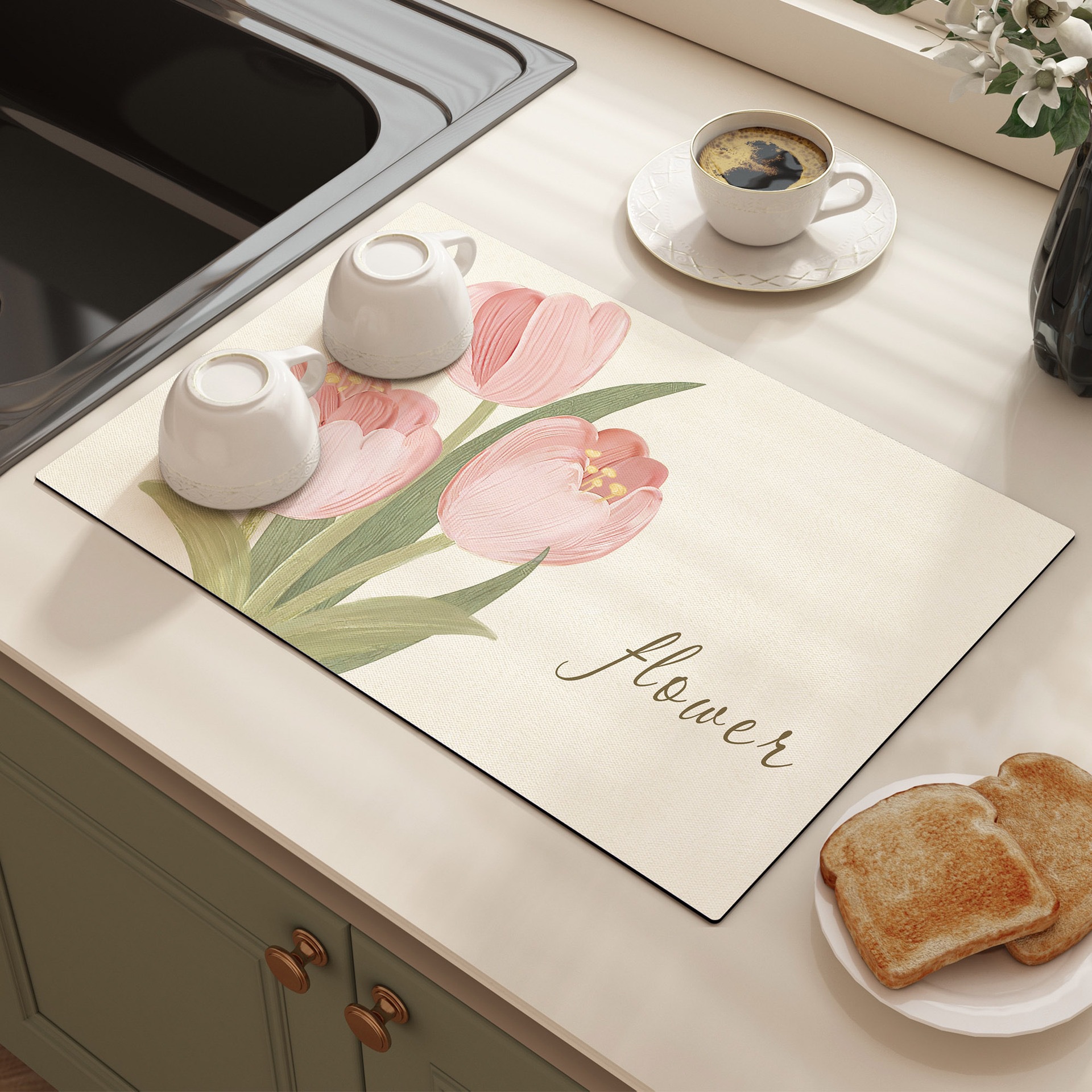 Saugfähige Und Rutschfeste Küchenmatte – Waschbare, Fleckenresistente Abtropfmatte, Hitzeisolierender Topflappen, 40 X 60 Cm (modell Flieder-garten, Quadratisch)-lsw