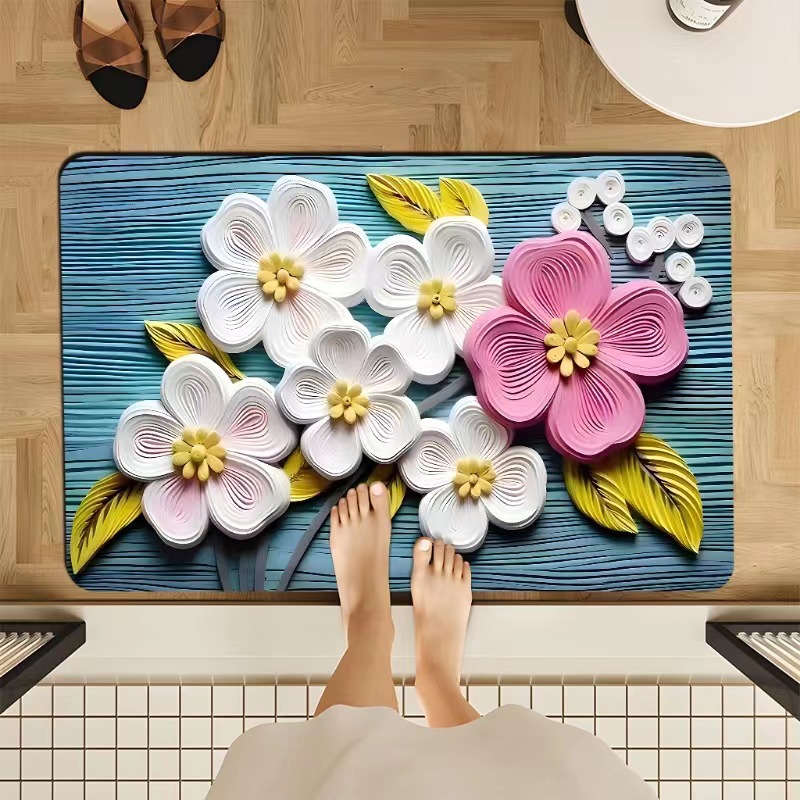 Diatomit-badematte – Saugfähig, Rutschfest Und Schmutzresistent, Ideal Für Den Badezimmereingang (blaues Blumenmuster, 60 X 90 Cm)-lsw