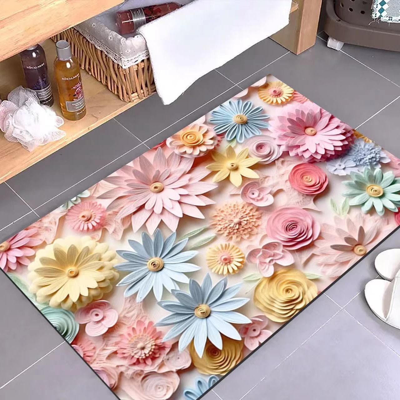 Diatomeenerde-badematte – Saugfähig, Rutschfest Und Schmutz- Sowie Verschleißfest – Künstlerisches Design „zwei Blaue Blumen“ – 60 X 90 Cm – Für Den Eingangsbereich Des Badezimmers-lsw
