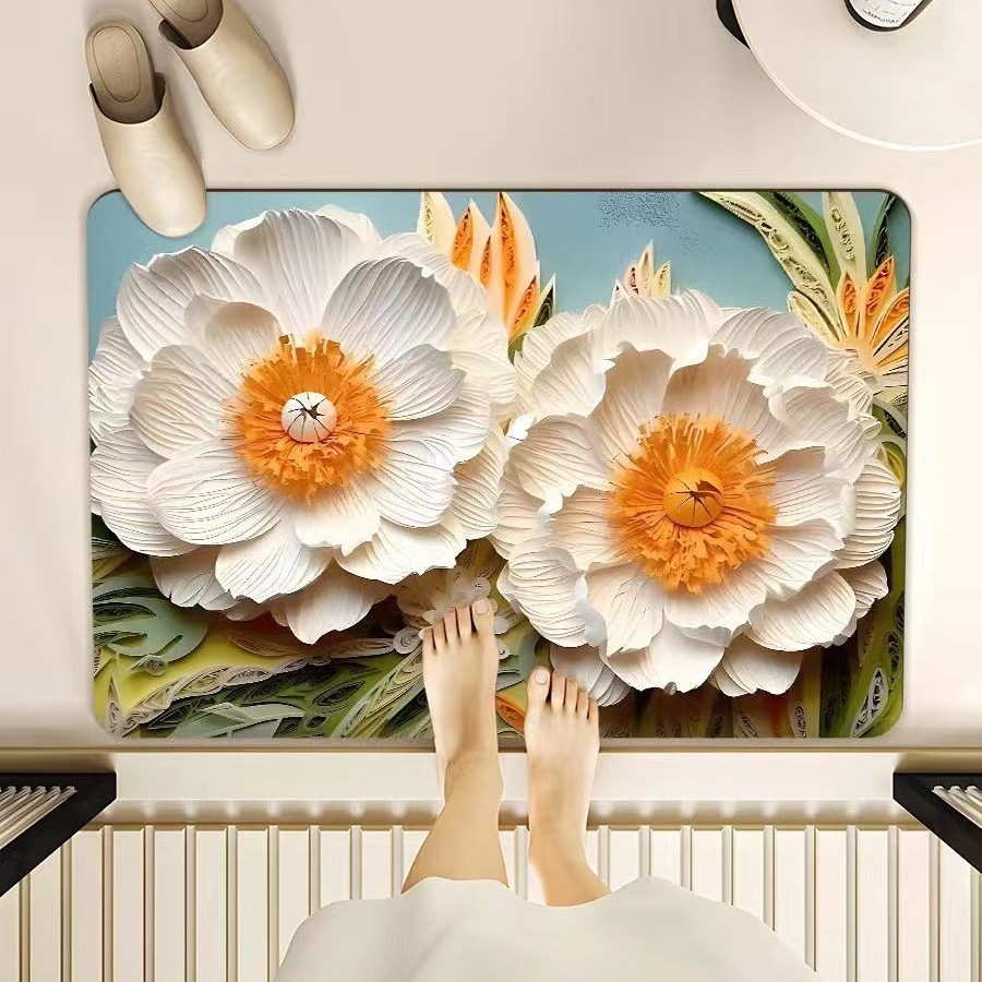Diatomeen-badematte – Saugfähig, Rutschfest Und Schmutzabweisend, Ideal Für Den Eingang Des Badezimmers Oder Der Toilette (40 X 60 Cm, Gelbes Blumenmuster)-lsw
