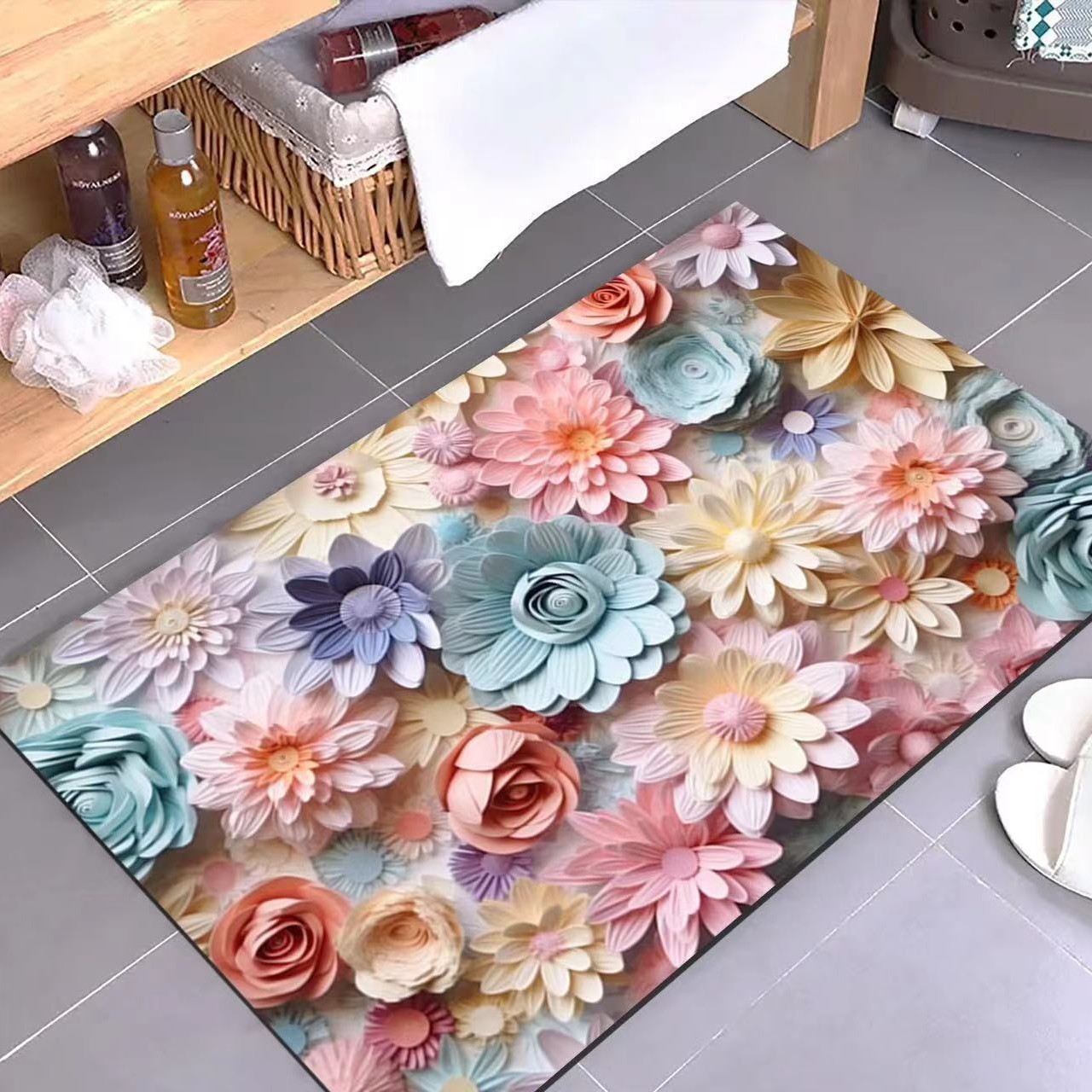 Rutschfester Badteppich Aus Kieselgur – Saugfähiger Teppich Für Badezimmer-eingang, Schmutz- Und Verschleißfest, Künstlerisches Ölgemälde-design (muster Rosa Und Blau, 60 X 90 Cm)-lsw