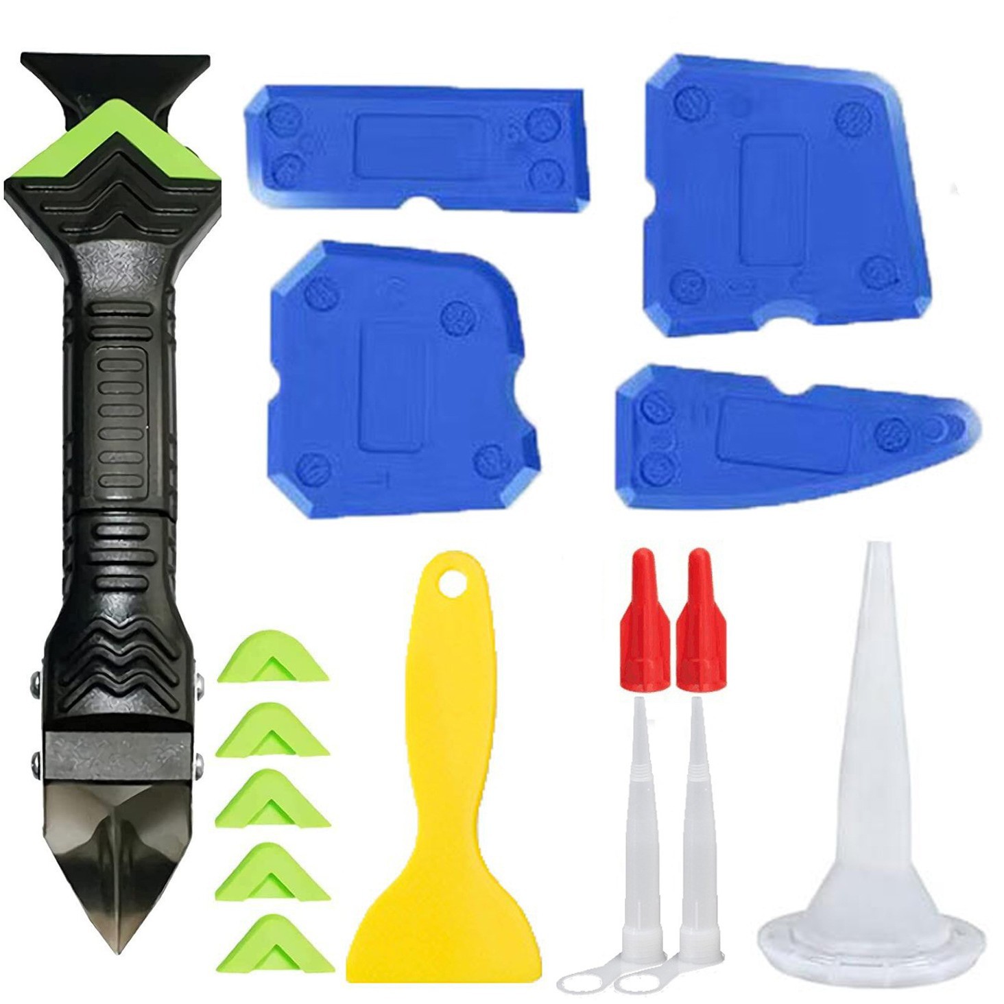 6-in-1 Fugenwerkzeug-set, Silikonentferner Und Glätter Für Glasfugen, Multifunktionales Werkzeug Mit Gelbem Schaber Und Düsen Für Strukturkleber (blau)-lsw