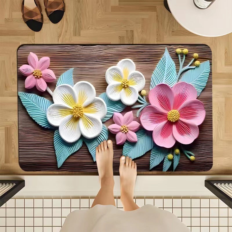 Rutschfester Badvorleger Aus Kieselgur – Saugfähig, Schmutz- Und Verschleißfest – Künstlerisches Blumenmuster (3 Holzblumen) – 50 X 80 Cm – Für Badezimmereingang-lsw