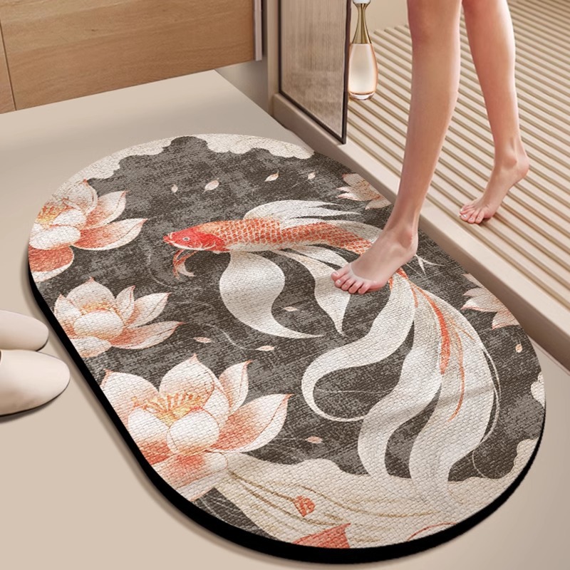 Diatomeenerde-badematte – Saugfähig, Rutschfest Und Schmutzabweisend, Unregelmäßige Ovale Form 40 X 60 Cm, Elegantes 3d-design (koi-modell)-lsw