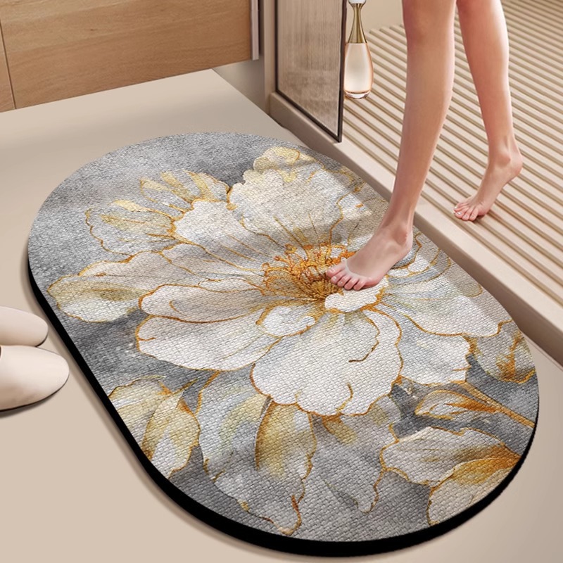 Diatomeenerde-badematte – Unregelmäßige Ovale Form, Superabsorbierend, Rutschfest Und Schmutz- Sowie Verschleißfest – Elegantes 3d-design „blühende Blume“ – 50 X 80 Cm-lsw
