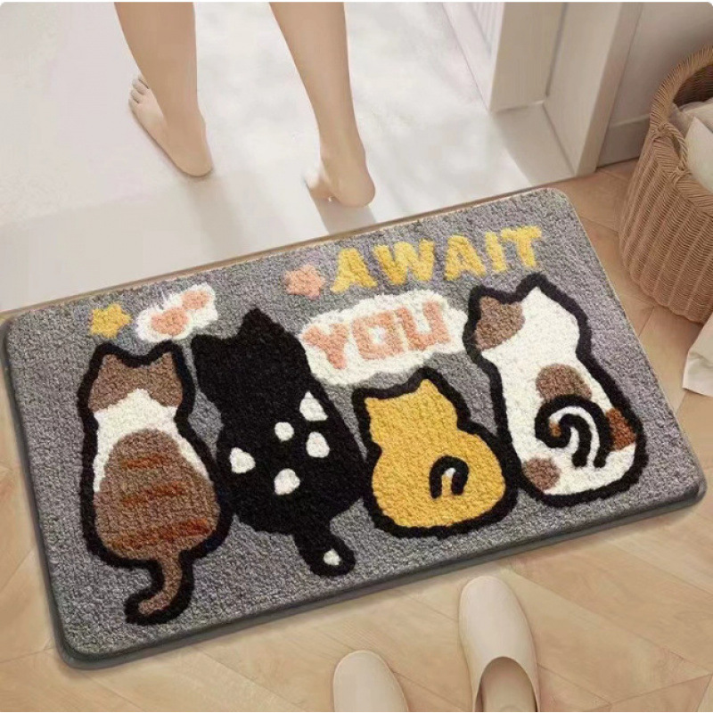 Rutschfester Und Saugfähiger Badteppich – Waschbarer Eingangsteppich Aus Kunstfell-polarfleece, Modernes Katzenmotiv, 40 X 60 Cm – Ideal Für Badezimmer, Wc Oder Eingangsbereich-lsw