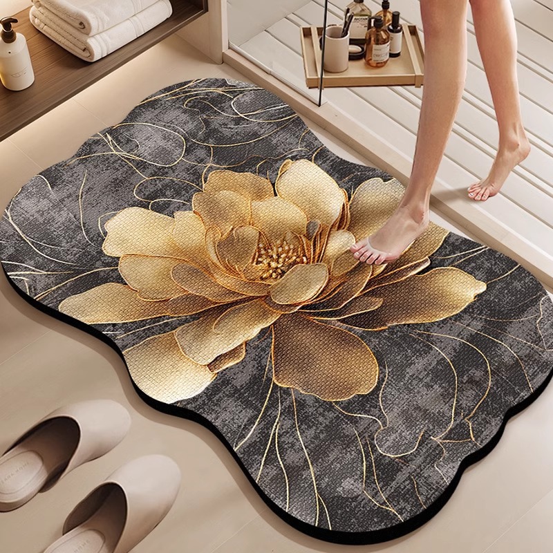 Luxuriöser Badteppich Aus Kieselgur – Unregelmäßige Organische Form, Schnelle Wasseraufnahme, 3d-rutschfest, Schmutz- Und Verschleißfest – Ideal Für Das Badezimmer (60 X 90 Cm, Modell „goldene Blüte“)