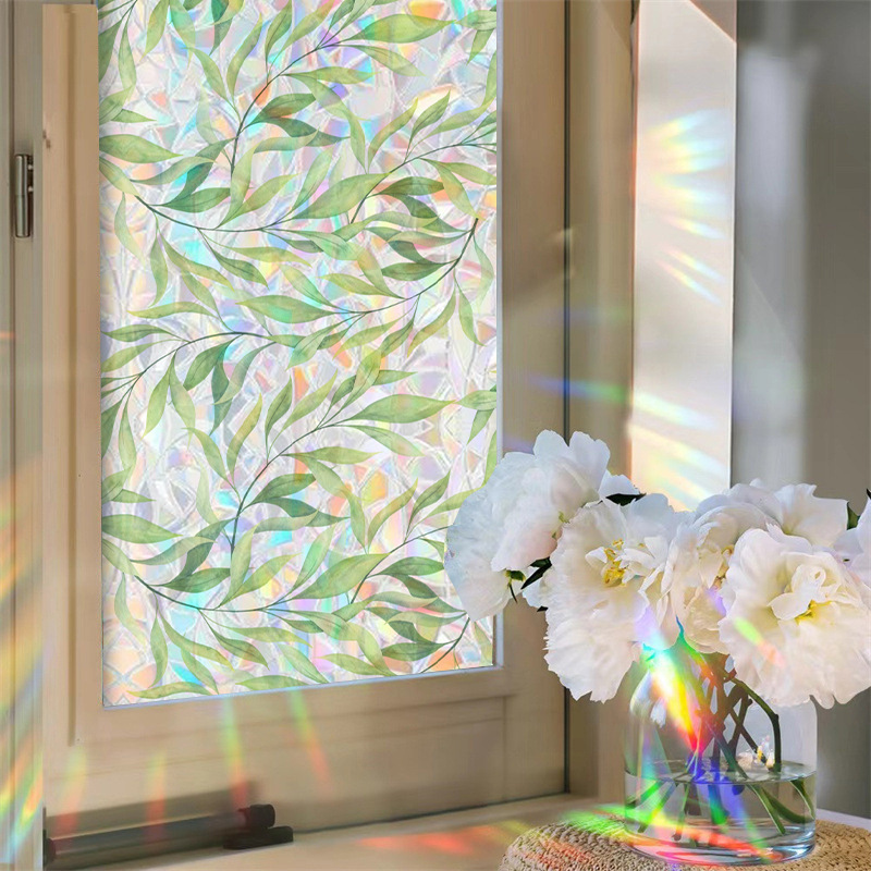 Statische Glasfolie Ohne Kleber, Blickdicht Für Privatsphäre Und Dekorativ Transluzent, Frisches Weidenblattmuster, Elektrostatisch Haftend Für Bad Und Balkon, 50 Cm X 2 M-lsw