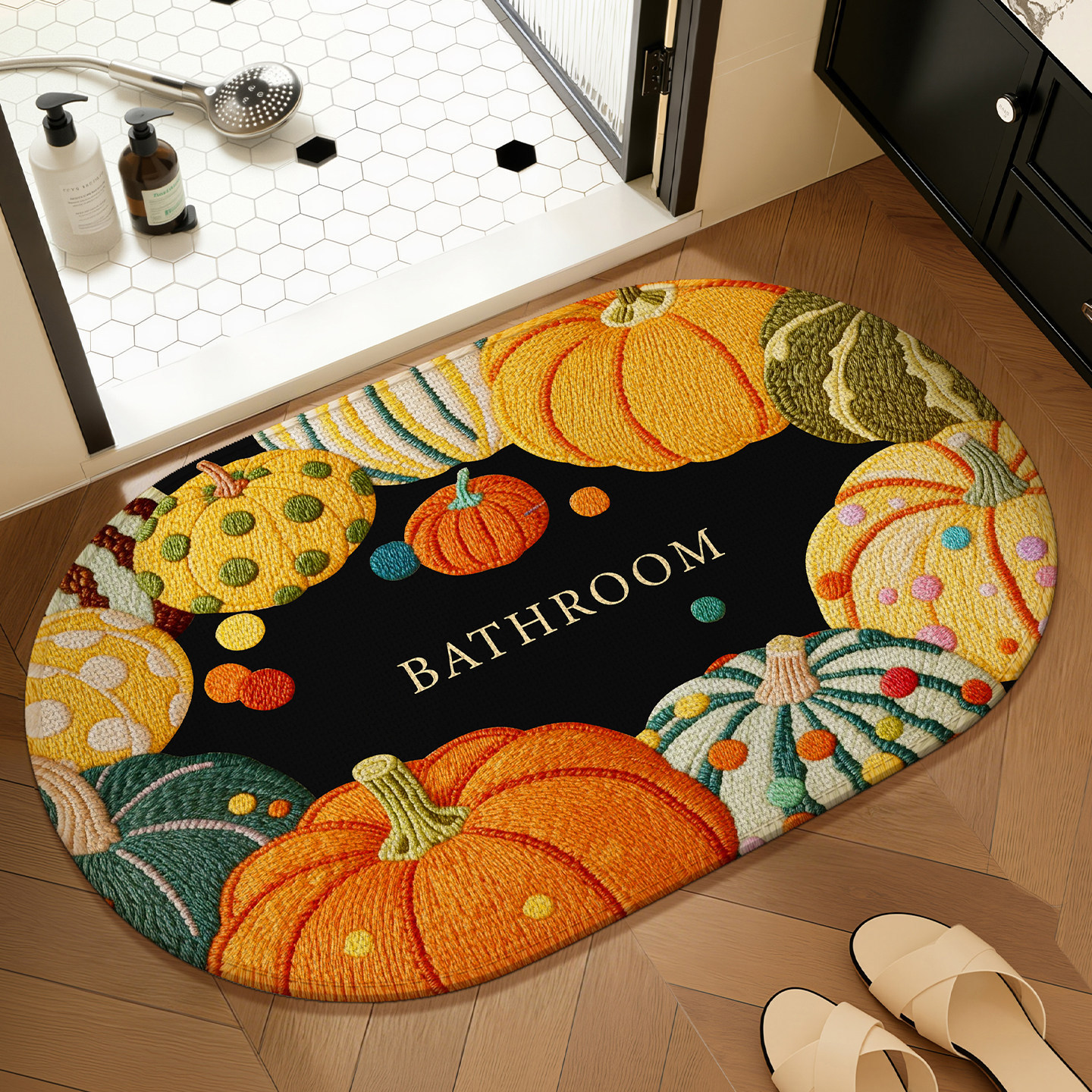 Rutschfester Diatomeenerde-badteppich – Retro-kürbismotiv, Mehrfarbig, Ovale Form 50 X 80 Cm, Schnelle Absorption, Schmutz- Und Verschleißfest, Ideal Für Badezimmer Und Dusche-lsw