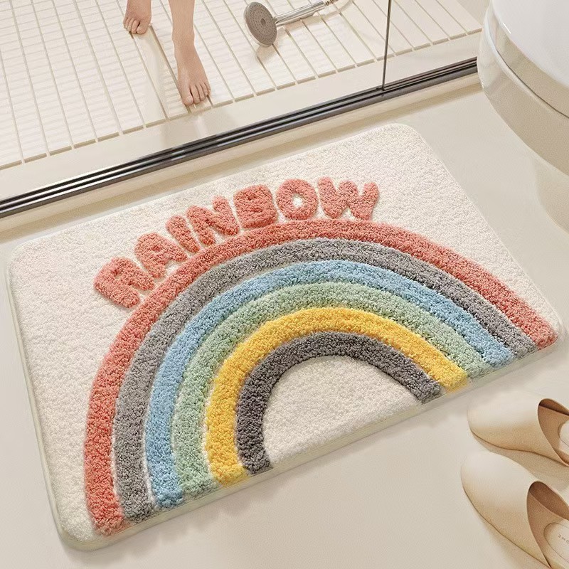 Rutschfester Und Saugfähiger Badteppich – Waschbarer Eingangsteppich Aus Kunstfell Für Badezimmer, Küche Oder Eingangsbereich – Maße 40 X 60 Cm – Regenbogenmuster – Ideal Für Fliesen- Oder Glatte Böde