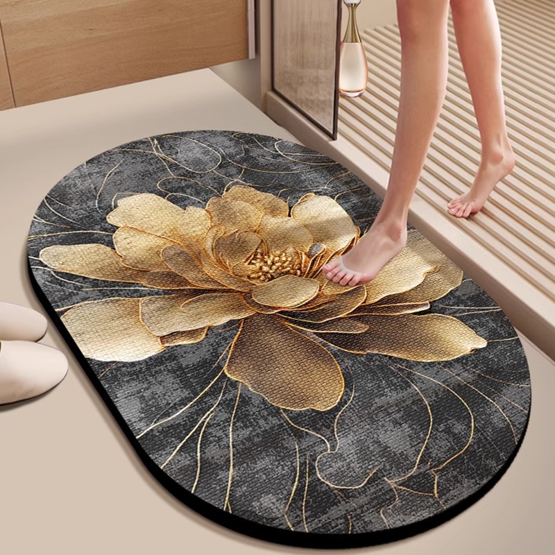 Luxuriöser Badteppich Aus Kieselgur – Unregelmäßige Ovale Form, Super Saugfähig, Rutschfest Und Schmutz- Sowie Verschleißfest – 3d-reliefdesign – Modell „goldene Blüte“ (40 X 60 Cm)-lsw