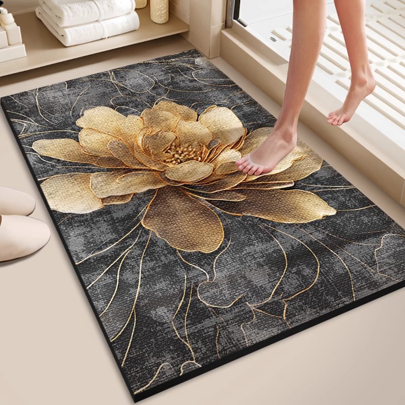 Diatomeenerde-badematte – Elegante Unregelmäßige Form, Schnelle Absorption, Rutschfest Und Schmutz- Sowie Verschleißfest, Feines 3d-muster Für Das Badezimmer (60 X 90 Cm, Modell „goldene Blüte“)-lsw