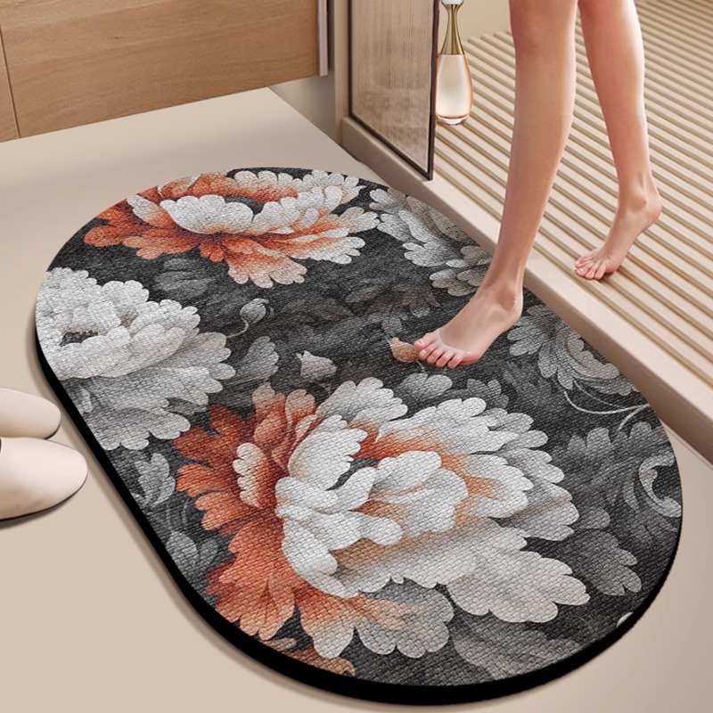 Rutschfester Badezimmer-teppich Aus Kieselgur – Unregelmäßige Ovale Form, Schnelle Wasseraufnahme, Schmutz- Und Verschleißfest – Modell „eine Blühende Pflanze“, 40 X 60 Cm (1 Stück)-lsw